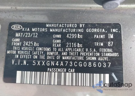 2012 Kia Optima Ex z USA, uszkodzony, nr VIN 5XXGN4A73CG086037